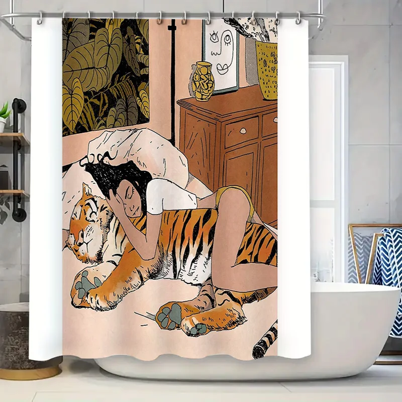

Tiger Bathroom Decor Shower Curtain Wild Animal Jungle Forest Nature Pattern Washroom Curtains Home Decor Vintage Style Artistic
