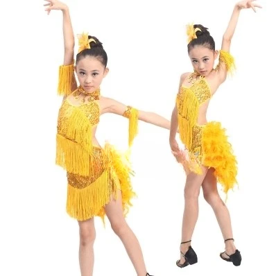 Robe de danse latine professionnelle pour enfants, robe de concours de danse de salon pour filles, robe de danse Suladin à nouveau flux de plumes à paillettes