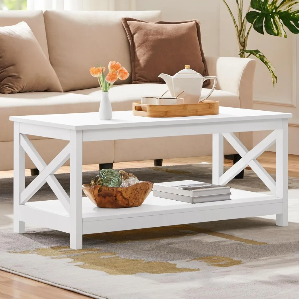 Wood 2-Tier White Coffee Table with Storage Shelf for Living Room, X Design Accent Cocktail Table, Simple Design Home Furniture