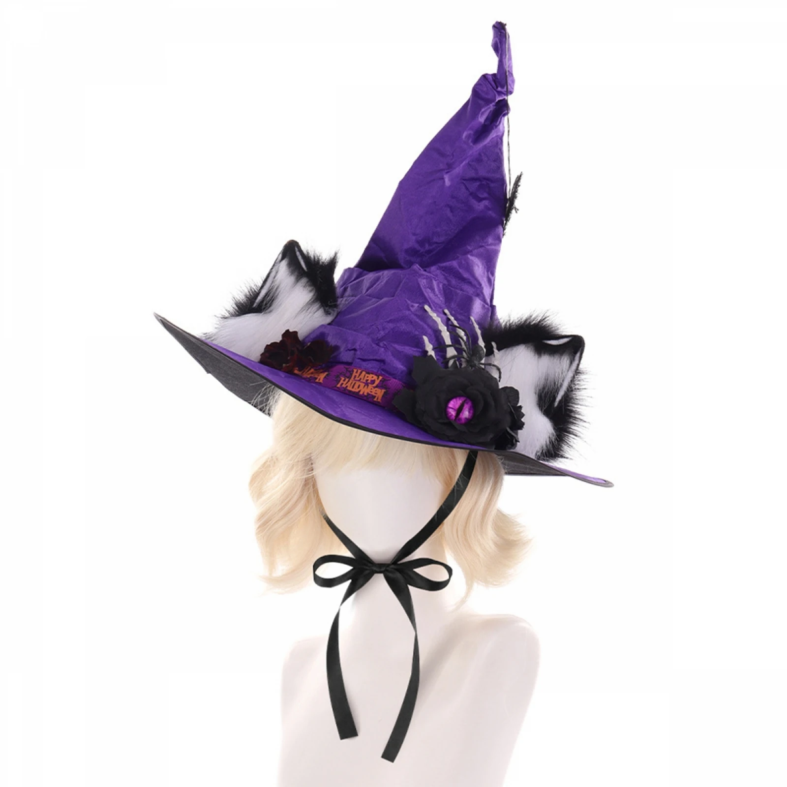 Witch Hat with Plush Cat Ears Classic Spider Black Rose Halloween Party Hat for Adults Holiday Cosplay Costume Accessory