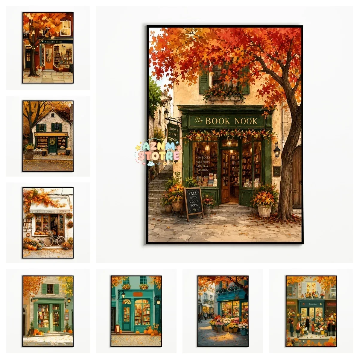 1PC Autumn Town Bookstore Poster Fallen Leaf Display Window Street Scene Wall Art Thanksgiving Day Canvas Printing Fall Gift