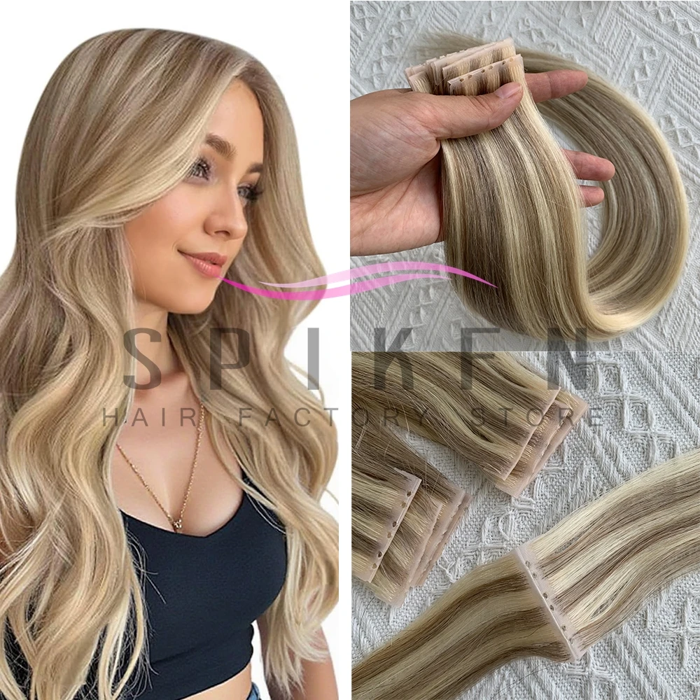 SPIKFN Double Inject PU Skin Weft Hair 4cm Width Twin Tabs Human Hair 12''-20'' Pull Through Micro Beads Hair Extensions 40-50G