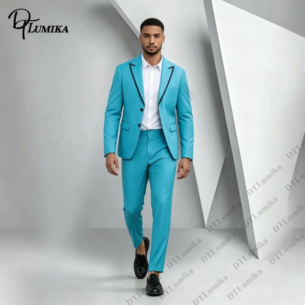 Bespoke Cyan Men 2 Piece Suit Contrast Lapel Formal Jacket Pants Custom Slim Fit Outfit for Prom, Dinner & Night Party Tuxedo