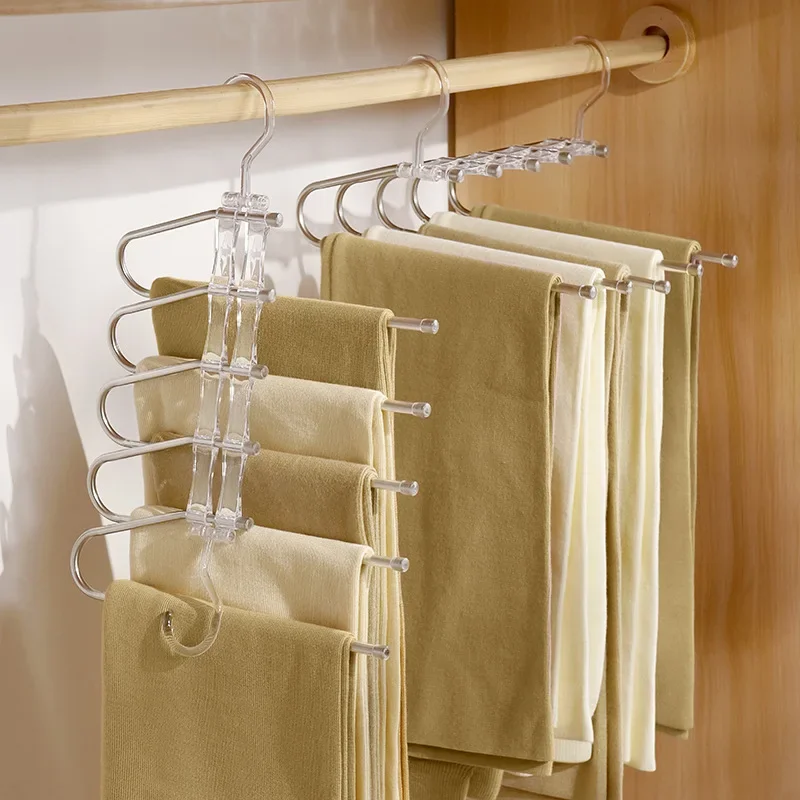 

5 Layers Foldable Trouser Hanger,White/Transparent Stainless Steel Pants Hangers for Closet Organizer,Home Magic Clothes Rack