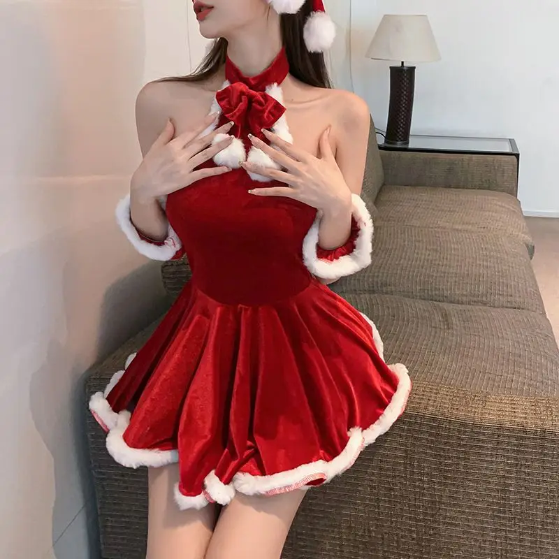 ElyraLux Kerst Rode Pittige Meisje Pluche Sex Mini Nachthemd Nachtjurk Vrouw Sexy Backless Jurk Hangende Pyjama