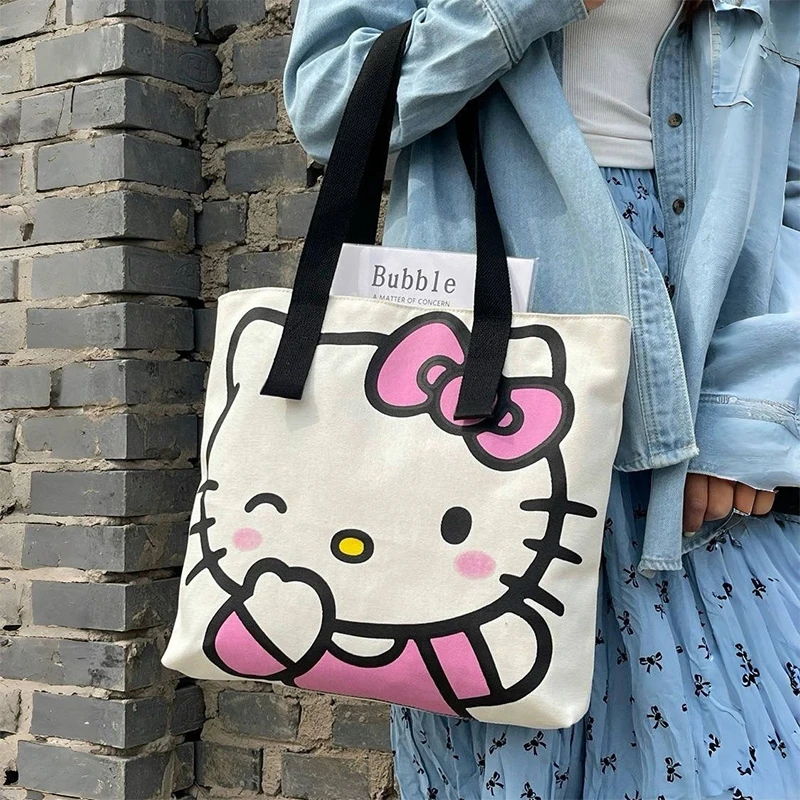 Kawaii Hello Kitty Canvas Bag Anime Sanrio Cute Student Outdoor Cosmetics Cartoon Handbag Book Storage Bag Toys Girls Gifts