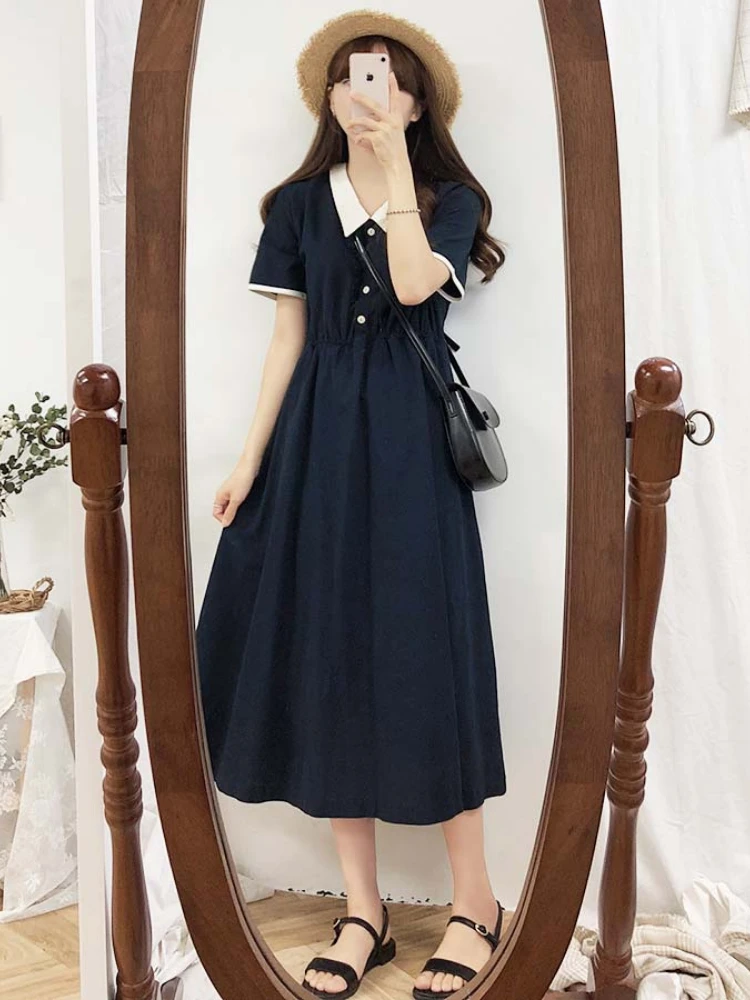 Temperament Lady Dresses Woman Basic Wear Slim Waist Patchwork Navy Blue Cute Girls Sweet Vintage Dres Cotton 8201