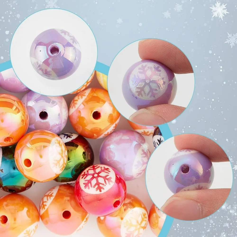 50개 눈송이 모양 원형 비즈 16mm 겨울 비즈 대량 아크릴 컬러 볼 버블껌 껌볼 눈송이 프린트 펜 비즈