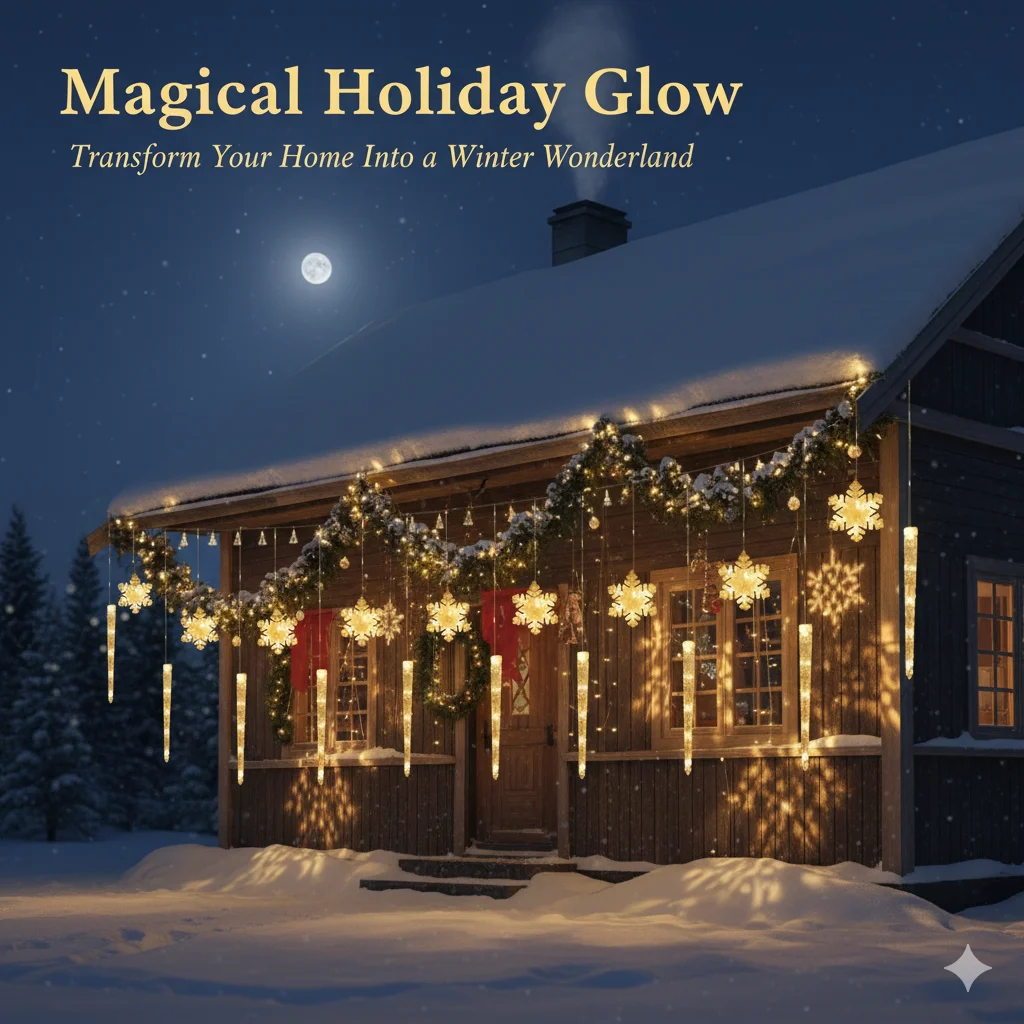 

Christmas Outdoor Icicle Lights Snowflake Hanging LED Light String House Porch Roof Garden Winter Party Waterproof Decoration