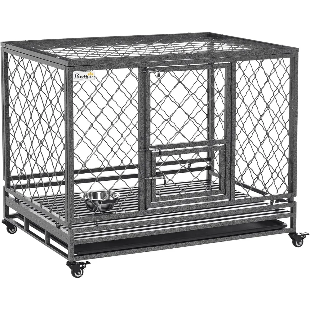 

Heavy Duty Dog Crate, Metal Dog Cage Kennel with Lockable Wheels, Slide-Out Tray, Food Bowl and Double Doors, 42.5"
