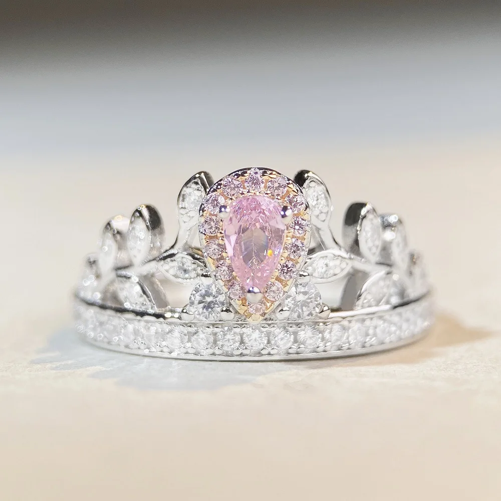 

New High Quality Precision S925 Pure Silver Ring Pink Diamond Water Drop Crown Diamond Ring Pear Shaped Wheat Ear Ring