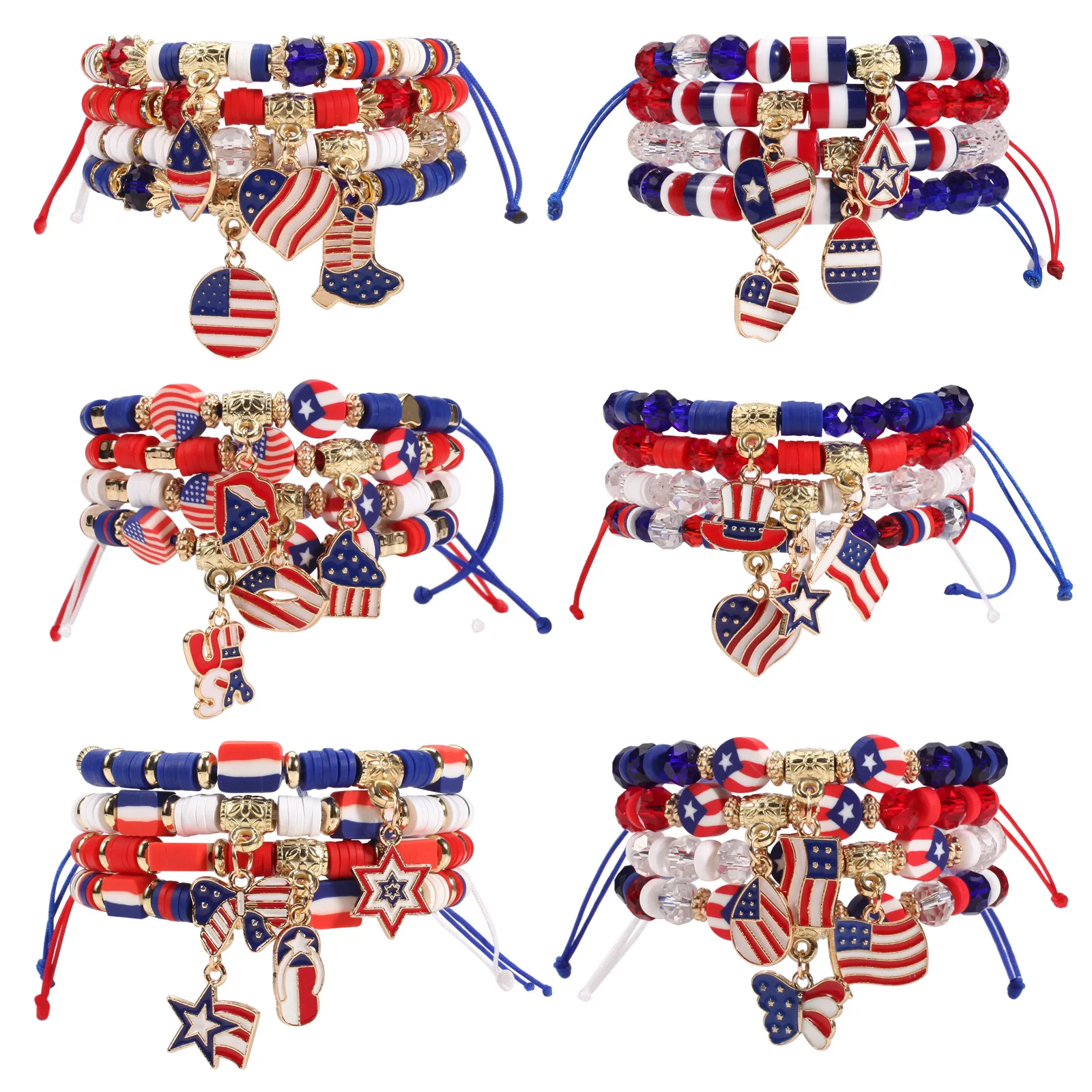 USA Flag Patriotic Independence Day Adjustable Woven Bracelet with Heart, Star, Butterfly – Red White Blue Classic Bracelet