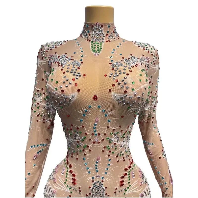 Mode Lange Ärmeln Bunte Strass Kleid Frauen Party Mesh Abendkleider Festival Outfit Bühne Leistung Tragen XH