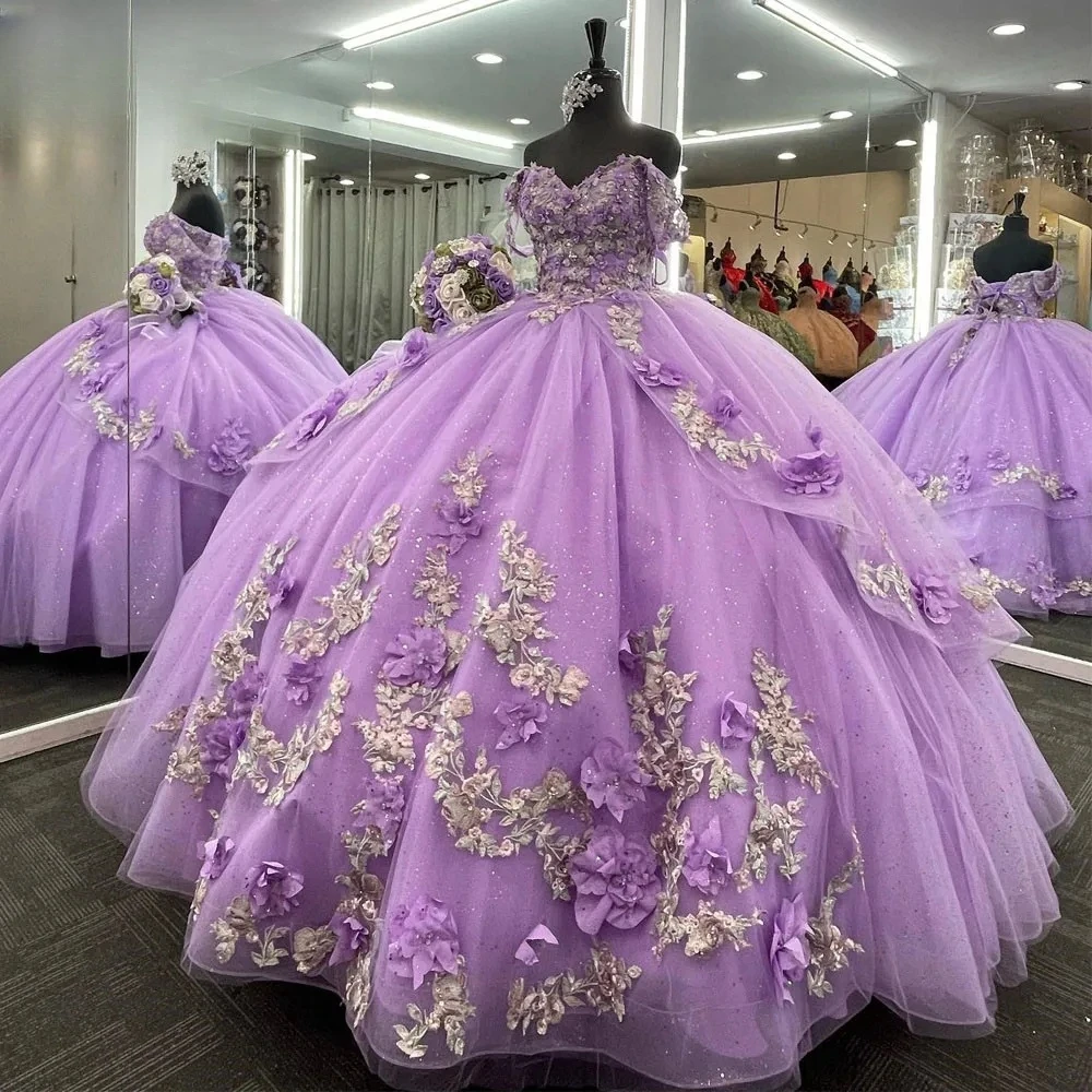 Vestidos de quinceañera morados, vestido de baile con hombros descubiertos, tul Floral mexicano dulce 16, 15 años