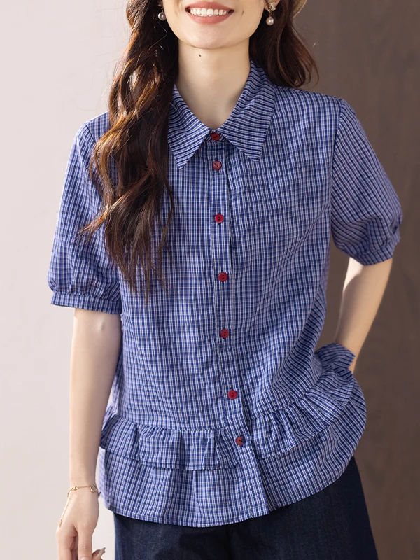 

Summer 2026 Large Size Women's Shirt Polka Dot Short Sleeve Turn-down Collar Single Button Cardigan Style Casual Wear Polyest...