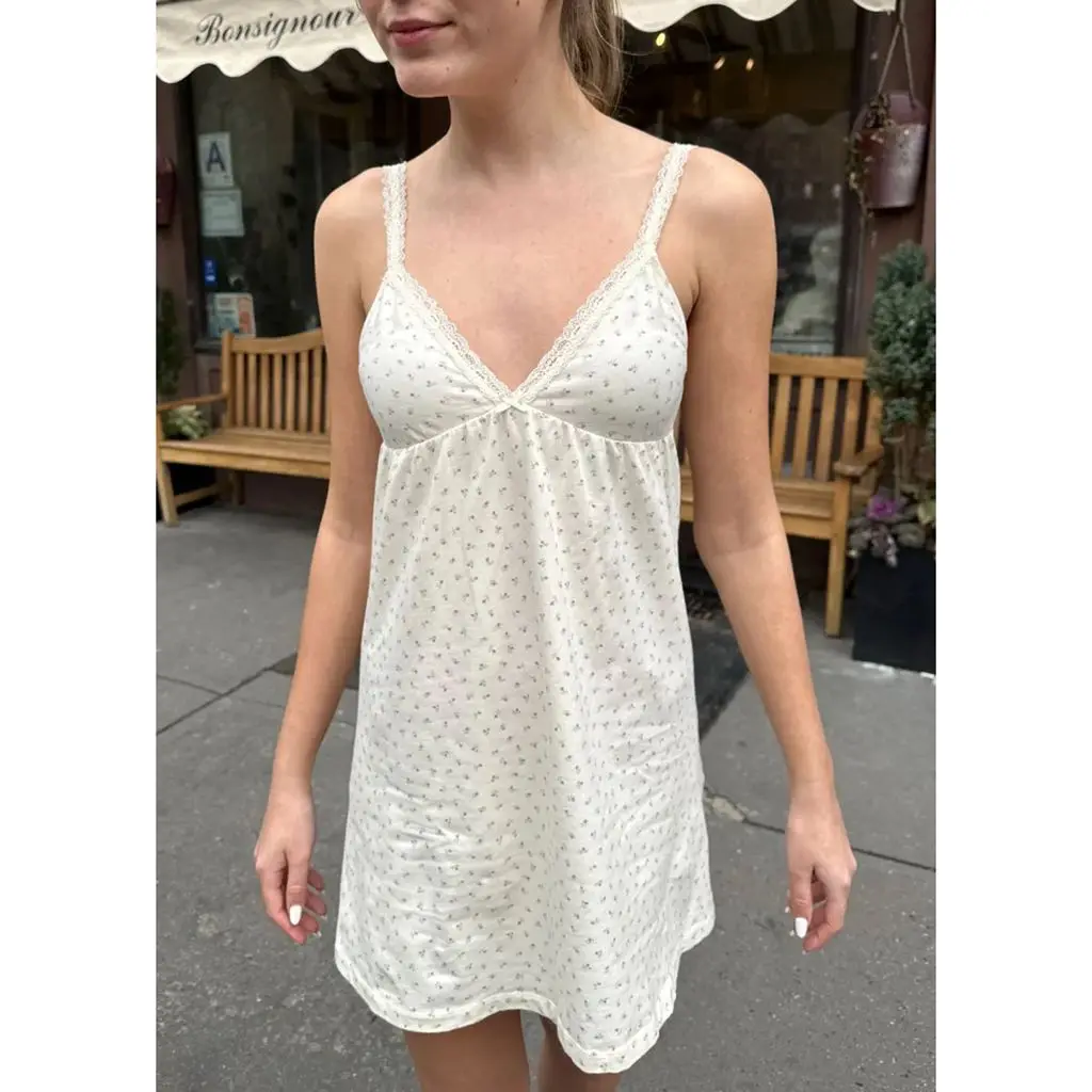 Combhasaki Donna Y2K Carino Stampa floreale Sottile Finiture in pizzo Scollo a V Fiocco Decor Cinghia per spaghetti regolabile Mini abito corto a trapezio