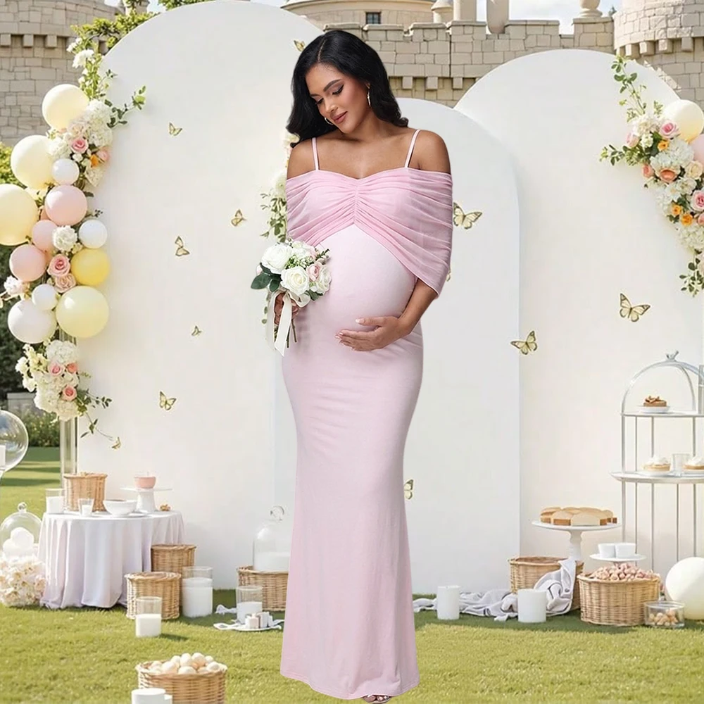 

Maternity Mesh V Neck Rouched Shawl Spaghetti Strap Dress with Multi-Way Convertible Gown for Baby Shower Photoshoot