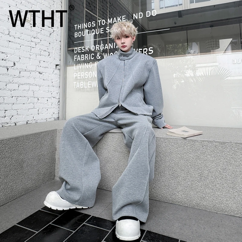 

WTHT модный мужской костюм с воротником-стойкой, однотонное пальто, повседневный плиссированный комплект с широкими брюками, прямые брюки, мужской комплект, осень 202, 2A1717