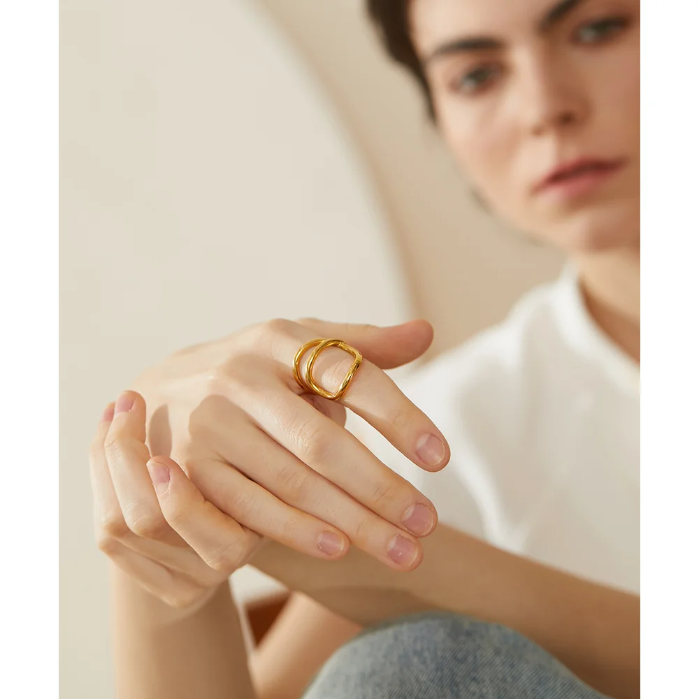 Yhpup Minimalist Stainless Steel Twisted Geometric Abstract Fashion Ring Personalized Metal Charm Waterproof Jewelry for Women