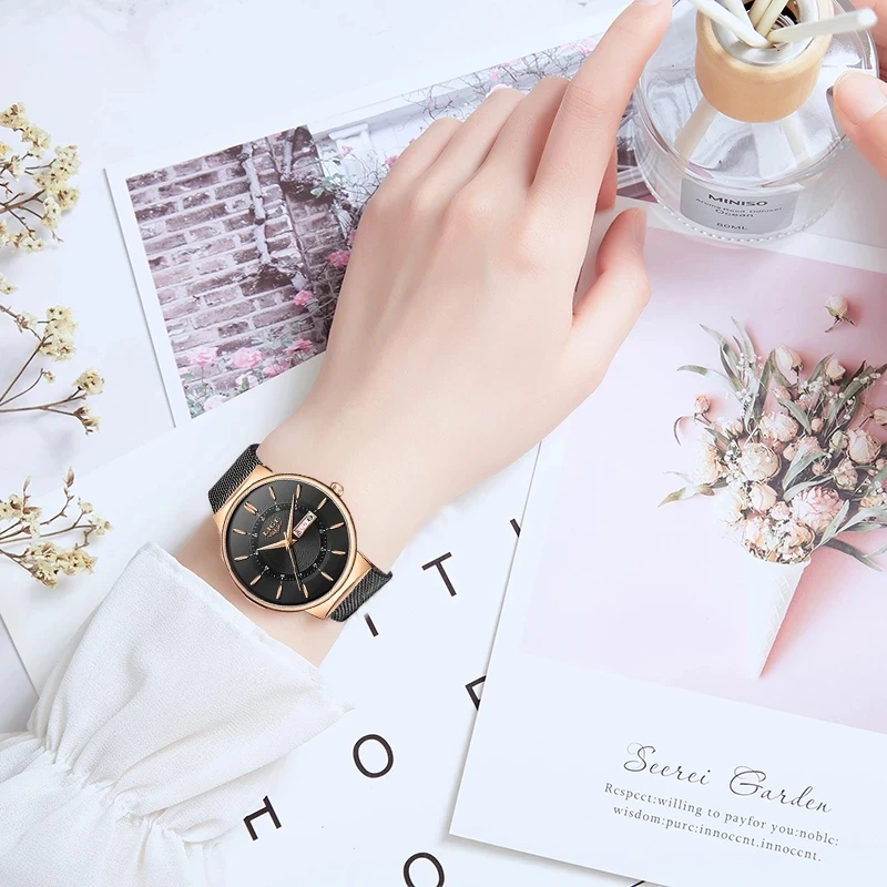 LIGE Damenuhren, Luxusmarke, ultradünn, Kalender, Woche, Quarzuhr, Damen-Mesh-Edelstahl, wasserdicht, Geschenk, Reloj Muje + Box