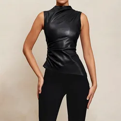 Women's Solid Color Leather Tanks Collarless Asymmetrical Hem Slim Fit Round Neck Sleeveless Sexy Fashion Vest Tops For Women