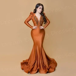 Charming V Neck Mermaid Graceful Women's Evening Dresses Generous Long Sleeve Prom Gowns Appliques Customized Vestido De Noche