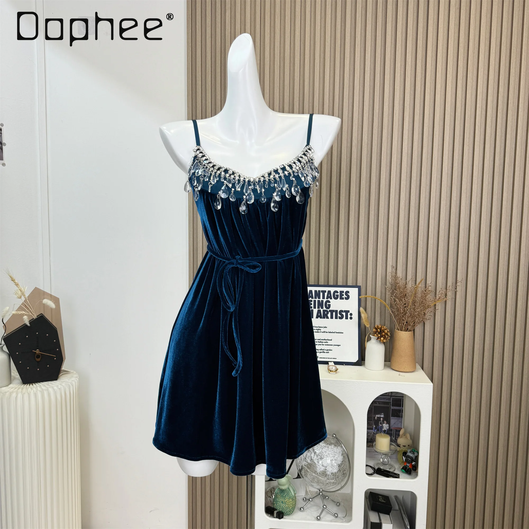 

Luxury Velvet Spaghetti Strap Dress Diamonds Lace Up Sleeveless A Line Beaded Short Dress Adjustable Strap Elegant Autumn