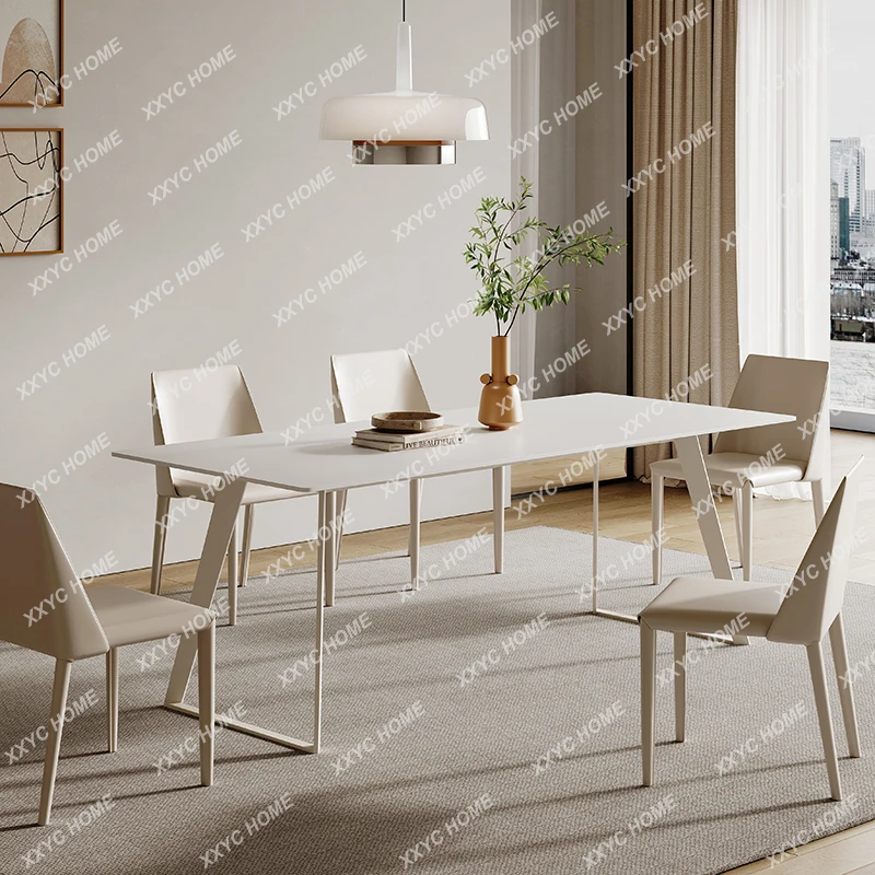 Cream Style Stone Plate Dining Tables and Chairs Set White Small Apartment Rectangular Italian Minimalist Dining Table