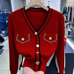 Topstitch Decoration Versatile V-neck Long-sleeved Top Women's 2024 Autumn New Chic Slim-fit Sweater Knitted Cardigan