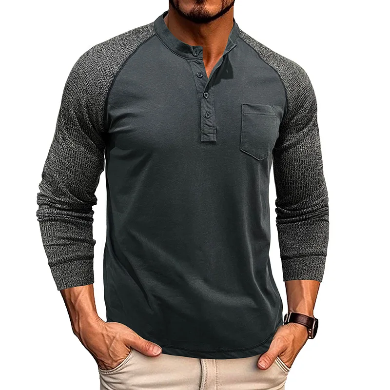 

Autumn Winter Men's Wear Round-neck Ribbed Long-sleeved Base Layer Shirt American Tough Guy Color Contrast Retro Button T-shirt