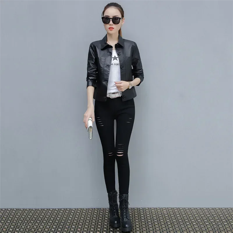 Leather Jacket Women Caramel  Short Slim PU Coat 2024 New Spring Autumn Korean Fashion Chic Clothing