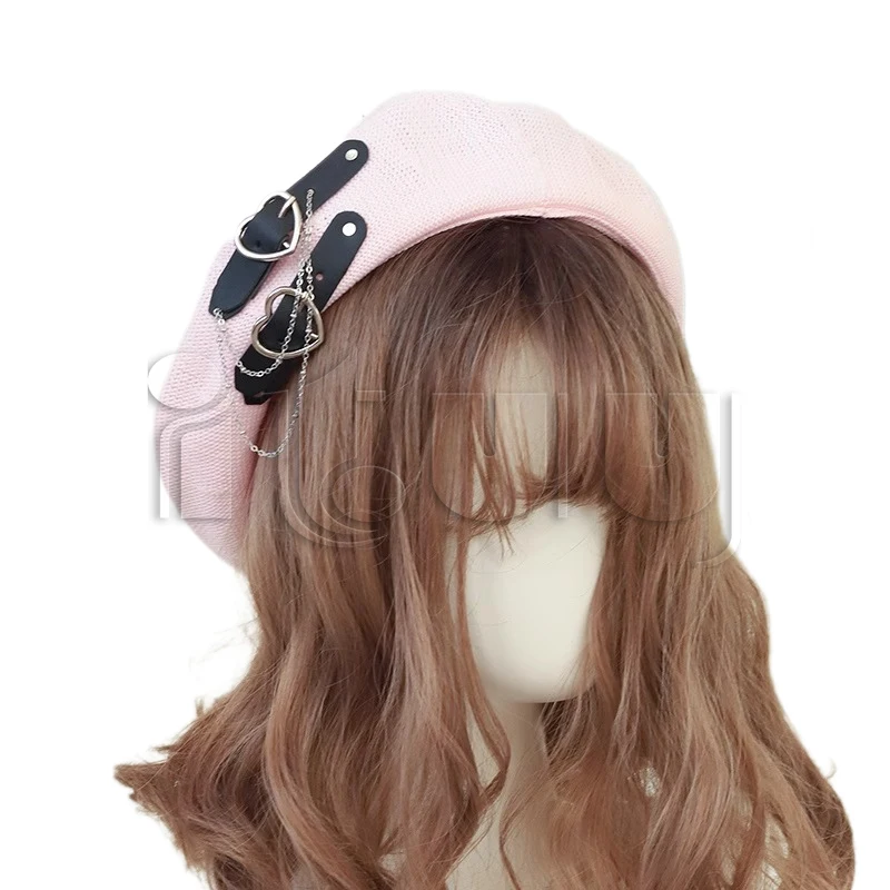 여성용 고딕 로리타 블랙 펑크 베레모, 하라주쿠, 통기성 하트 버클, 비니 JK 모자 액세서리, 여름