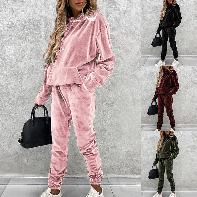 2 Pieces Women Sets 2025 New Solid Color hooded+Casual Pant Silver Fox Fleece Set For Women Clothing Autumn