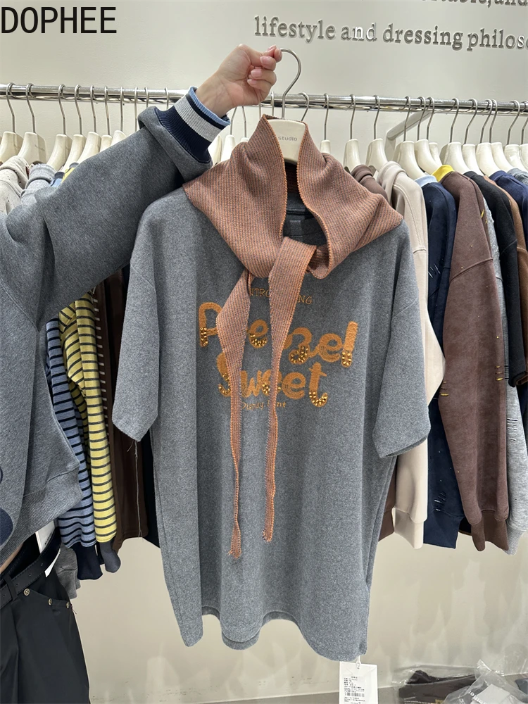 

Новый осенне-зимний пуловер большого размера, топ с вышивкой букв, утепленные футболки с короткими рукавами, хлопковая футболка средней длины с круглым вырезом