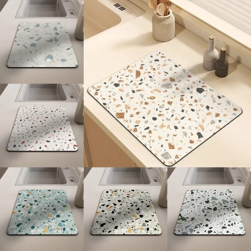 Diatomaceous Earth Kitchen Mat Terrazzo - Absorbent Quick Dry Heat Resistant Non-Slip Pad for Countertop Sink Multi-Use