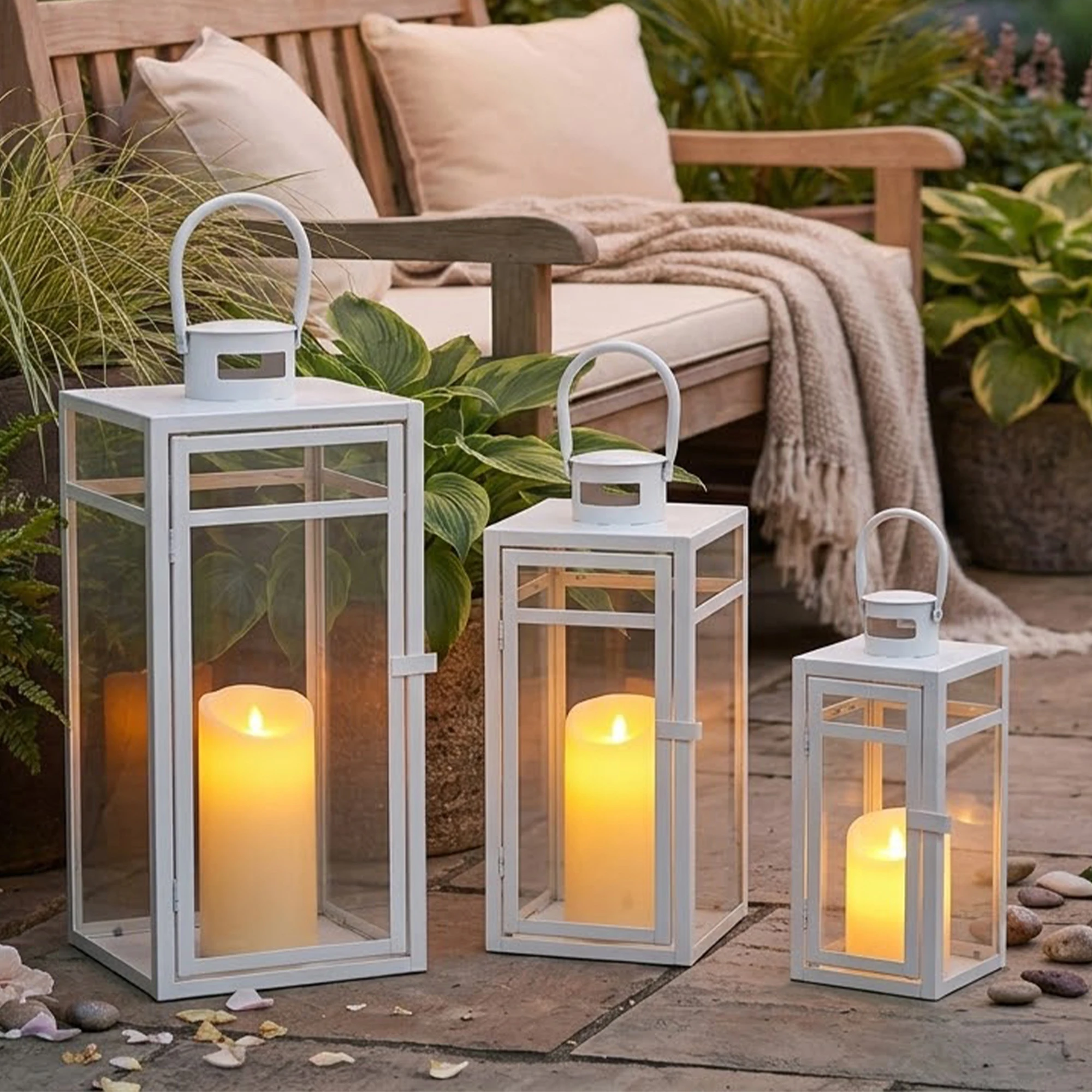 Metal Candle Lantern Set of 3 - Assorted Sizes (12/15/19 Inch) -Hanging Lanterns with Tempered Panels Indoor & Outdoor Home Deco