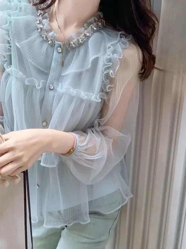 

Милые женские рубашки с рюшами 2025 Camisas De Mujer, свободные блузки с длинными рукавами, винтажная однобортная плиссированная шикарная корейская блузка