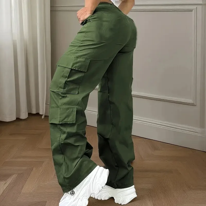 Cargo Pants Women 2025 Autumn Plain Side Pockets High Waist Long Trousers Ladies Casual Strechy Waist Straight Leg Cuffed Pants