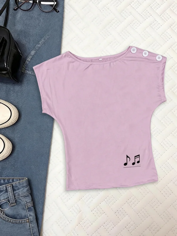 Light Purple Batwing Sleeve T‑Shirt Women Button Shoulder Music Note Fitted Sweet Top
