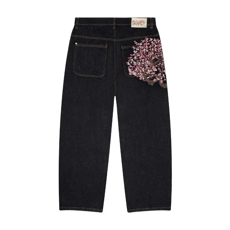 

Harajuku jeans Goth vintage plum blossom embroidery pattern wide leg pants men women denim fabric American style street wear