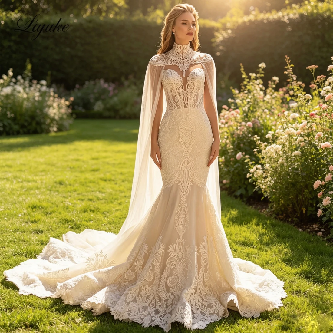 Liyuke Customize Beading Pearls Embroidery Lace Sweetheart Mermaid Wedding Dresses With Removable Cape Elegant Bridal Gowns