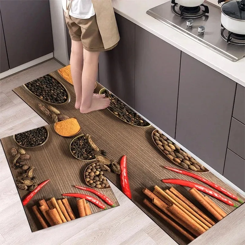 Colorful Spice Spoon Cinnamon Red Pepper Kitchen Long Runner Rug Kitchen-Specific Non-Slip Easy Clean Soft Floor Mat