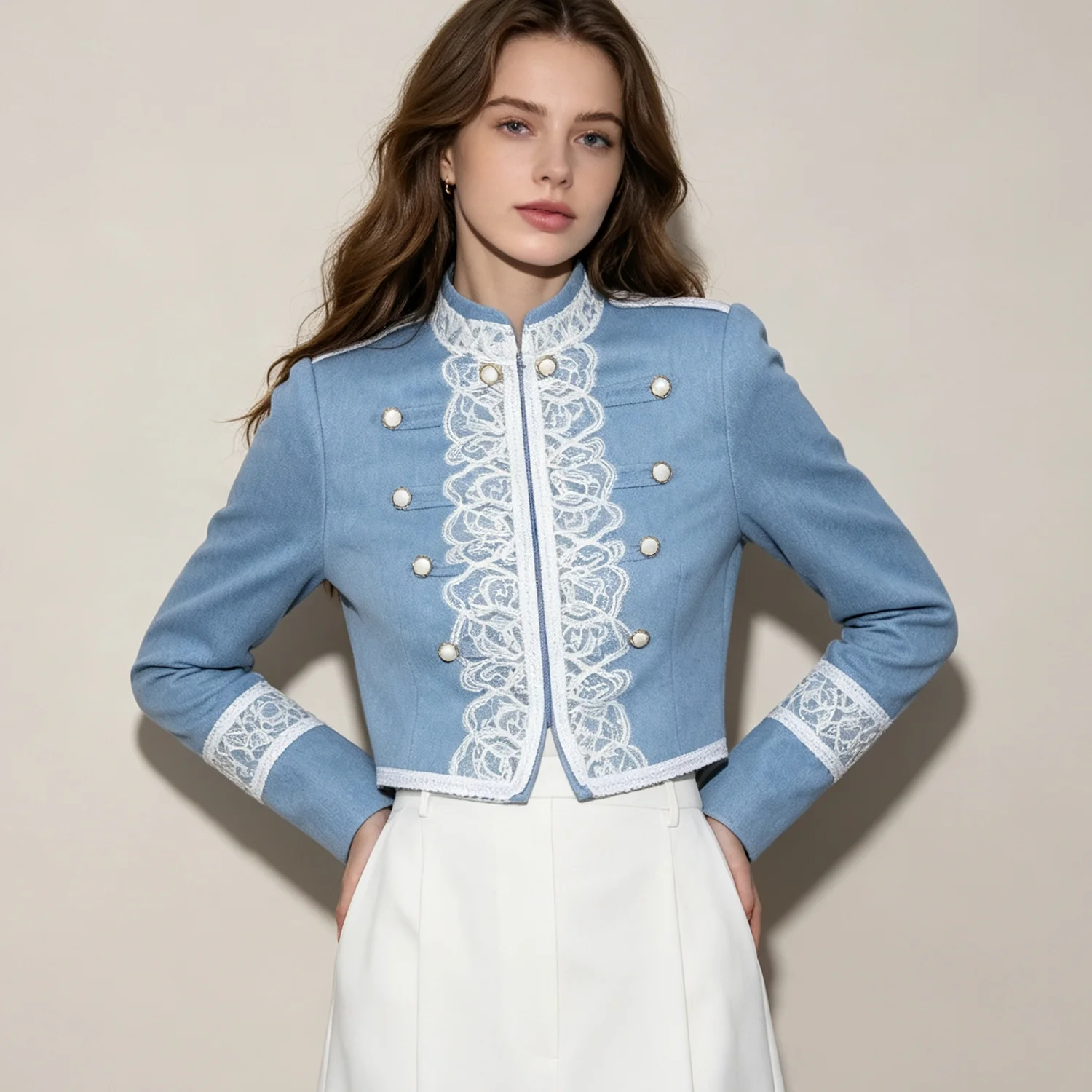 PUAL  2026 Women  Cropped Jacket, Stand Collar Lace Trim Pearl Button Short Coat, Elegant Vintage Ladies Casual Outerwear