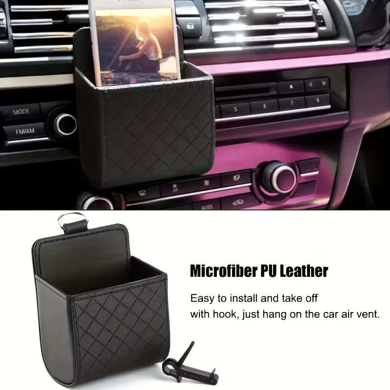 

Universal Car Storage Bag Auto Air Outlet Debris Bag For Mobile Phone Key Glasses Vent Dashboard Hanging Leather Storage Box