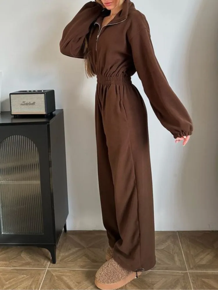 

Autumn New Fashion Long-sleeved Jumpsuit Trousers Women's Casual Solid Color Half-open Lapel Elastic Waist Jumpsuit Trousers