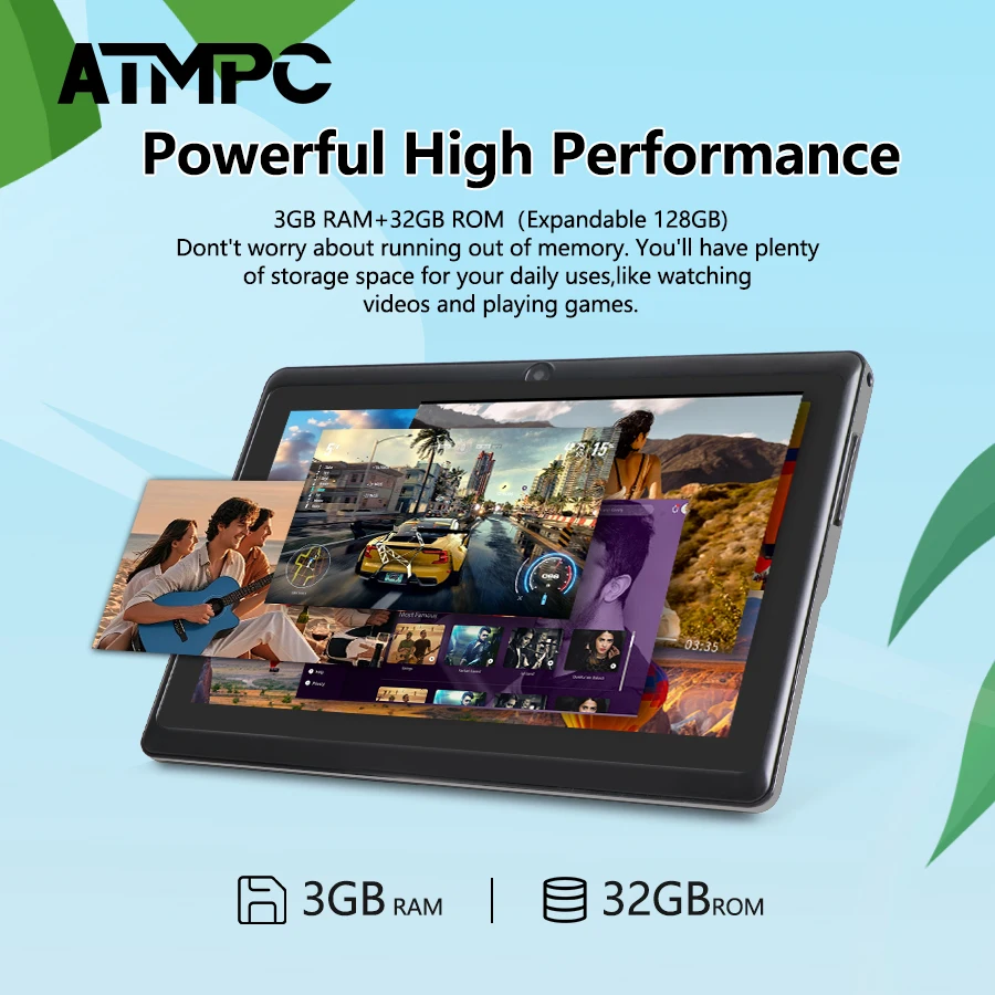 ATMPC – tablette PC 7 pouces, Android 11, 3 go de RAM + 32 go de ROM, Quad Core, écran HD IPS, double caméra, WiFi, extension 128 go