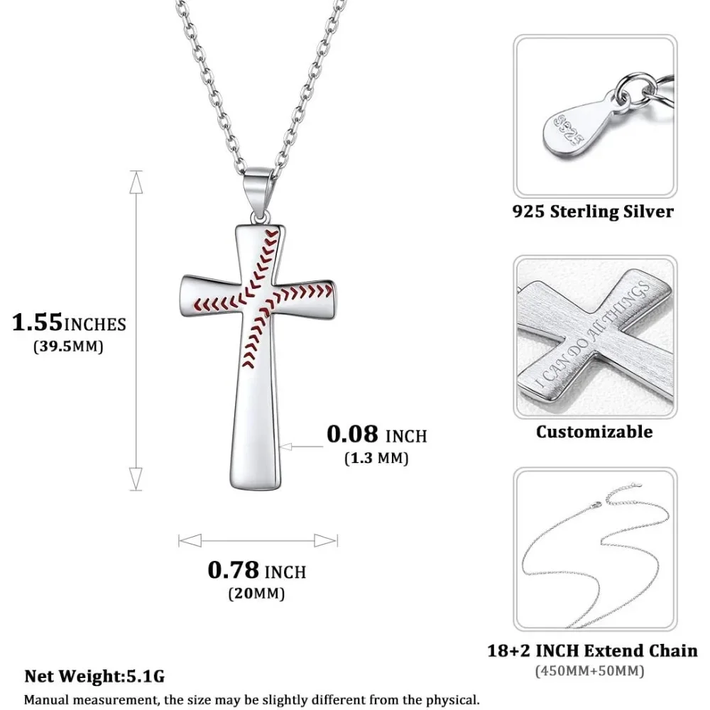 925 Sterling Silver Baseball Cross Necklace with 18 Inches Rolo Chain Jewelry Gift for Sport LoverQC24