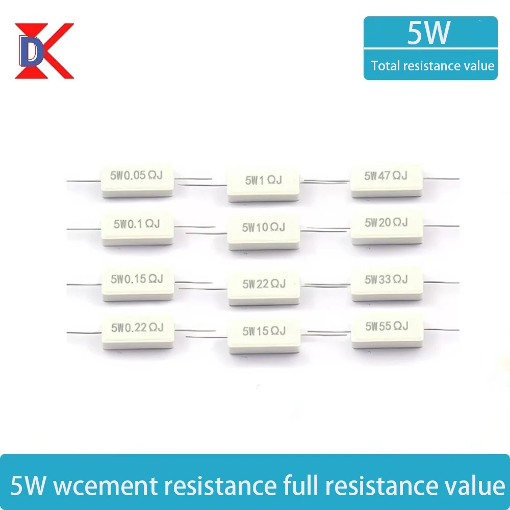 Résistance en ciment céramique 5W, tolérance de 5 %, 10 pièces par paquet, plusieurs valeurs, de 0,05R à 100K ohms, résistances en ciment pour circuits de puissance.