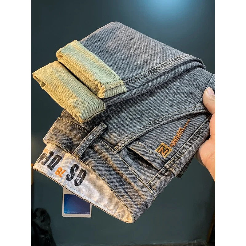 

2024 Spring New High End Luxury Men'S Jeans Fashionable Elastic Straight Sleeve Comfortable Waist Print Casual Denim Pants