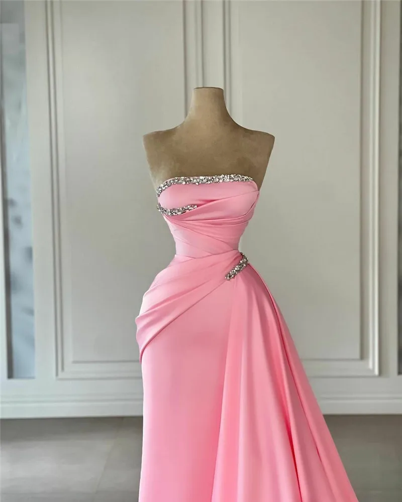 Smileven-vestido de noche de sirena sin tirantes rosa, vestidos de graduación con cuentas, vestidos de fiesta de noche de satén simples de Arabia Saudita, vestidos personalizados, 2024